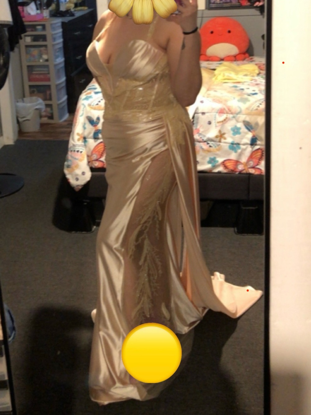 Rose Gold Satin Prom Gown with Lace Appliqué Bodice